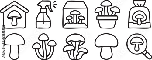 Mushroom Cultivation and Harvesting Icons Set.