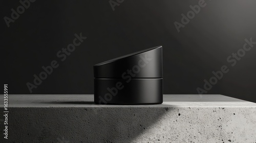Sleek black cosmetic jar on a concrete surface