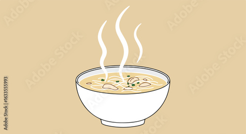 Steaming bowl of noodle soup with mushrooms and herbs