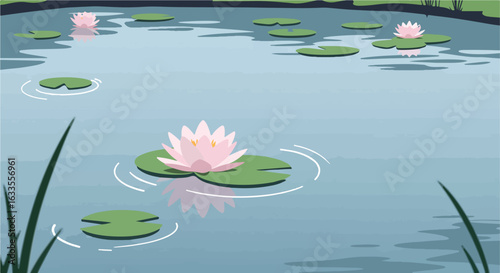 Pink water lilies and green lily pads float atop a tranquil pond with grasses