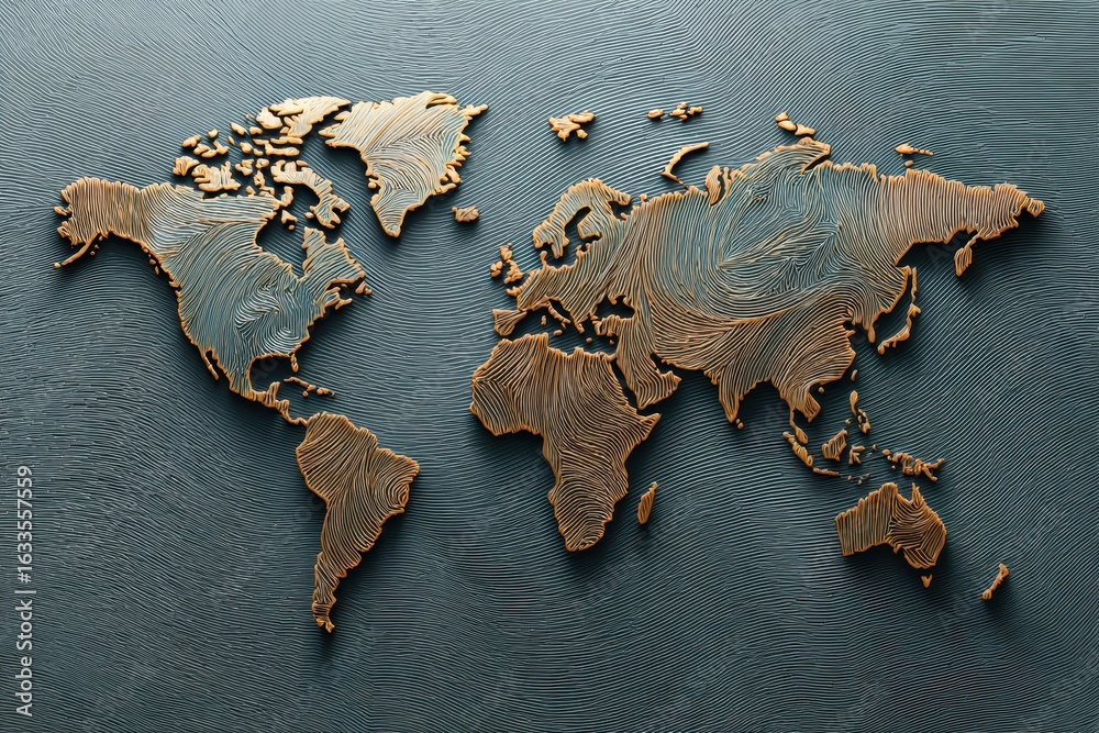 World map embossed in stylized relief showcasing global continents and oceanic patterns in artistic design for educational display or thematic decoration World map embossed in stylized relief showcasing global continents and oceanic patterns in artistic design for educational display or thematic decoration