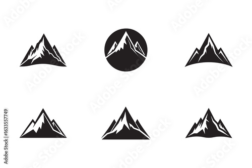 Collection of mountain peak silhouettes for logo design and adventure travel branding inspiration showcasing natures grandeur and majestic landscapes