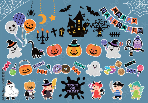 ハロウィン　イラストセット　白いふち付き