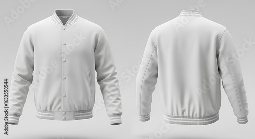 White varsity jacket mockup with front and back views. Blank bomber template for apparel design presentation.