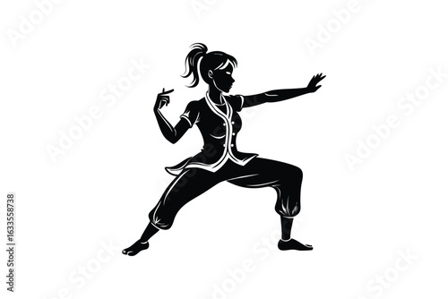 Dynamic silhouette of a female warrior in a martial arts stance ready for action showcasing strength and agility in a stylized black and white illustration silhouette