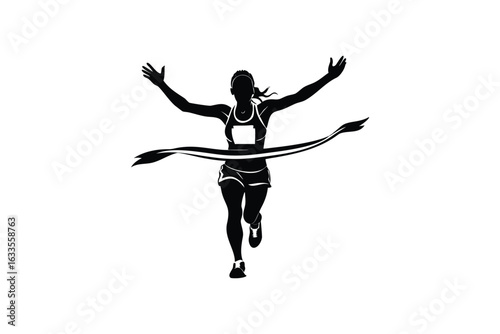 A triumphant female runner bursts through the finish line ribbon with arms raised in victory captured in a striking black and white silhouette style