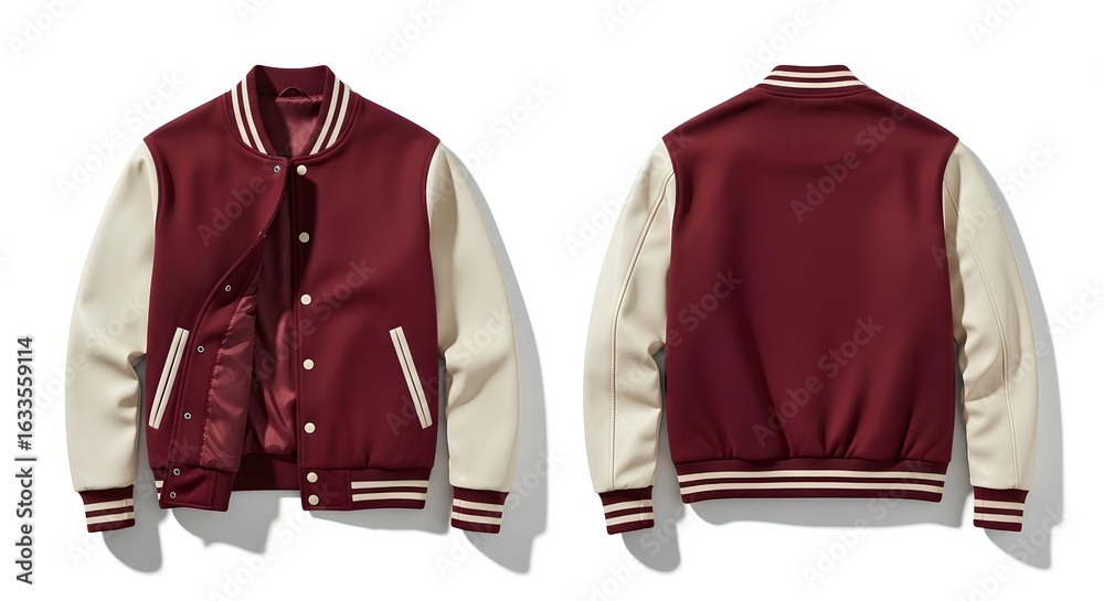 Naklejka premium Classic maroon and cream varsity jacket showing front and back views. Timeless collegiate style letterman bomber isolated on a white background.