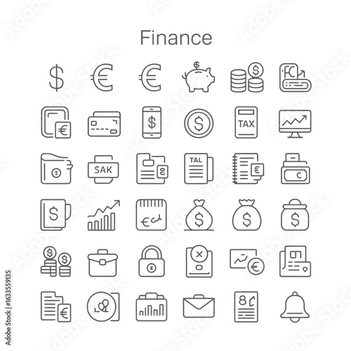 Financial concept thin line icon set. Vector graphics for business, banking, digital payment, and investment.