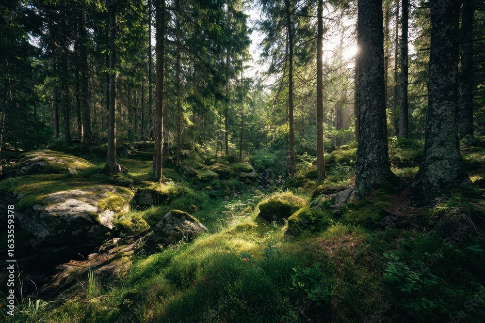 Obraz premium Lush green forest with sunlight filtering through trees and illuminating vibrant foliage during a serene morning in nature