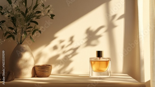 A beige shelf displays a perfume bottle, vase, and basket.  Sunlight casts shadows