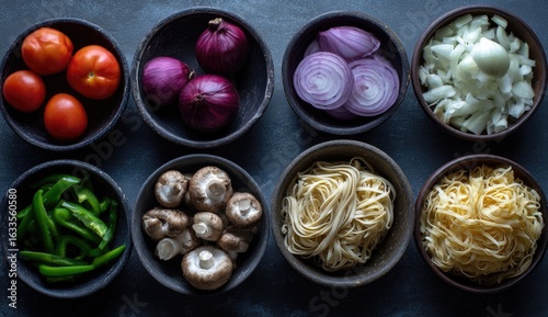 Flatlay Chopped veggies, noodles prep, dark background, cooking