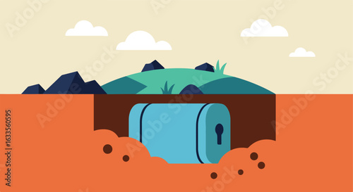 Blue chest burried under the earth with hills and sky above