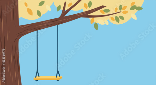 Tree swing cartoon illustration, brown trunk, autumn leaves, blue sky background