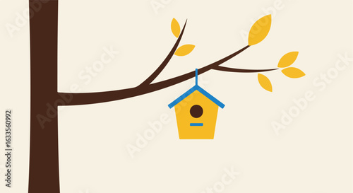 Birdhouse hangs from a brown tree branch with yellow leaves, on beige background