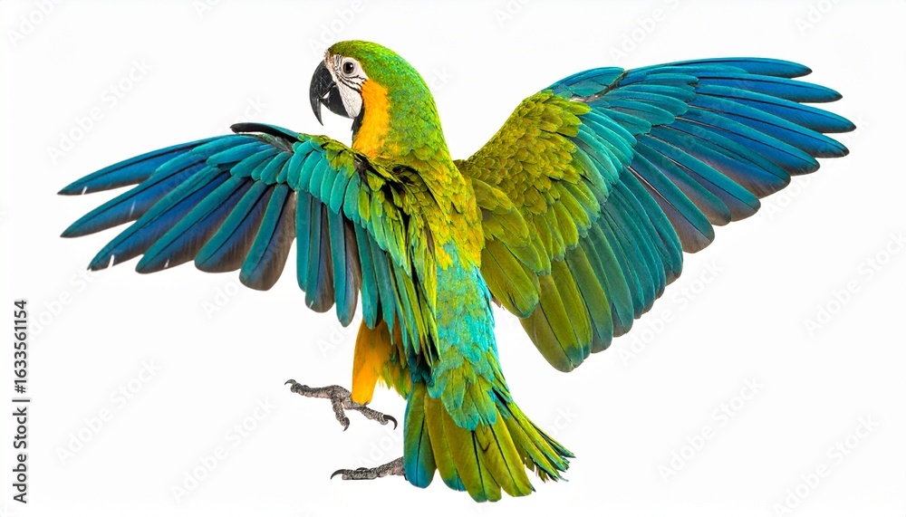 Fototapeta premium Short and Precise Description: A vibrant parrot with green, blue, and yellow feathers is captured with wings spread wide, highlighting its dynamic pose and vivid plumage in mid-flight or landing.