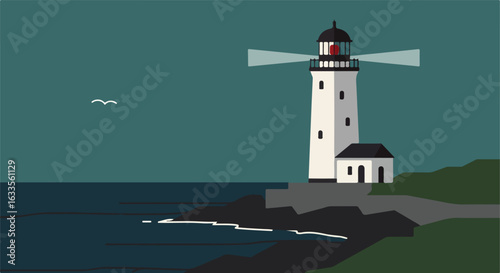 Coastal lighthouse on a cliffside, minimalist, beaming light over a dark sea