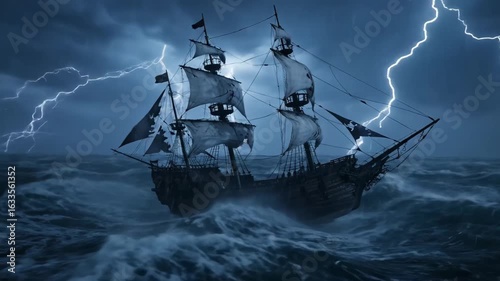 Wrath of the Sea: Pirate Galleon Caught in a Ferocious Electric Storm. pirate ship caught in a storm.
