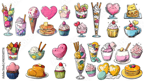 Sweet pastel hand-drawn desserts including cupcakes, pancakes, parfaits, and heart decorations. Adorable food art perfect for café menus, stickers, packaging, and Valentine design themes.