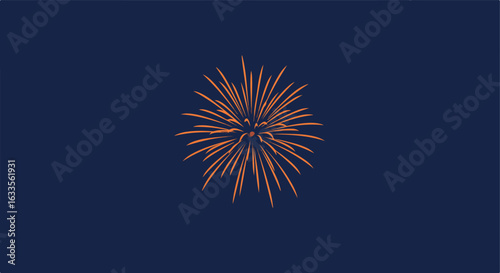 Isolated fireworks. Dark blue background. Orange and red lines radiate outward