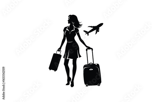 Elegant female traveler with two suitcases and a small airplane in the background depicted in a striking black silhouette against a clean white background symbolizing adventure and journey silhouette
