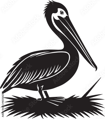 A white pelican with a large beak stands isolated against a white background, captured in a detailed wildlife illustration