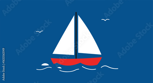 Red sailboat with white sails and birds on blue sea