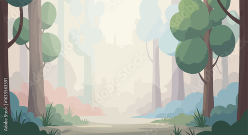 Cartoon forest vista with trees, brush, and a pale background