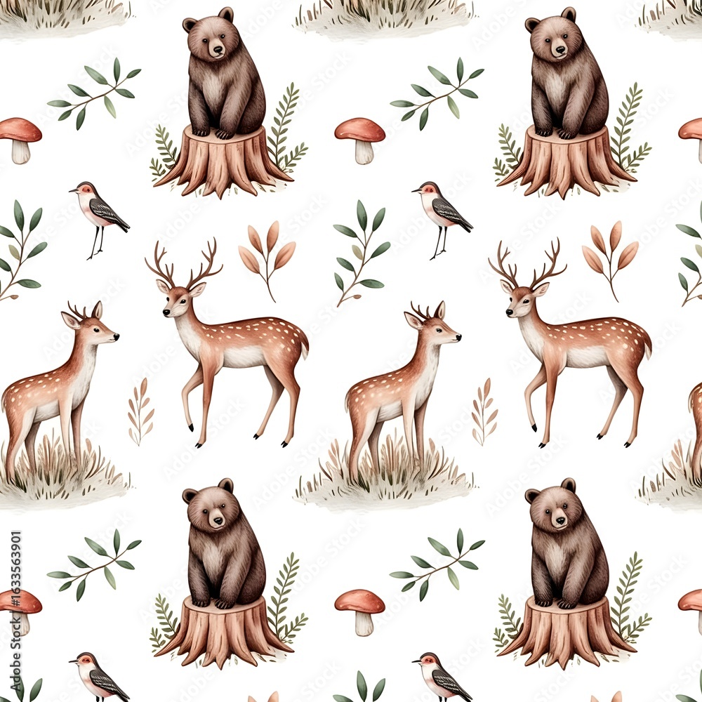 Fototapeta premium Watercolor woodland animals pattern with deer bears and birds forest