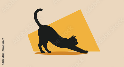 Stylized black cat stretching against a golden geometric shape on beige