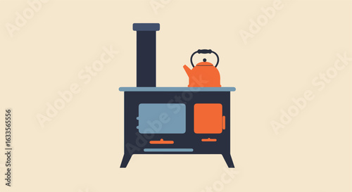 Cast iron stove with kettle sitting on top against a light background