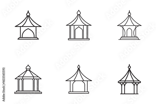 Minimalist Gazebo Icon Set Featuring Various Architectural Styles and Designs for Vector Illustration Projects