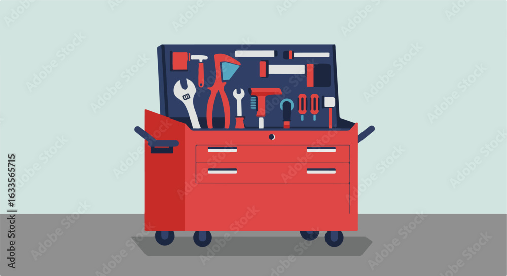 Red toolbox with drawers holding tools against a pale background Red toolbox with drawers holding tools against a pale background