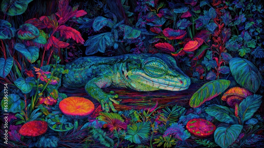 Fototapeta premium A sleeping lizard amidst vibrant, luminous flora.