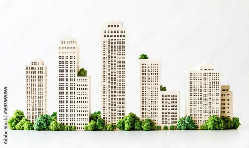 Fototapeta premium Cityscape miniature buildings and green trees against white background