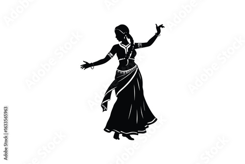Elegant silhouette of a woman performing a graceful belly dance with flowing skirt and arms raised in a stylized pose showcasing cultural artistry silhouette