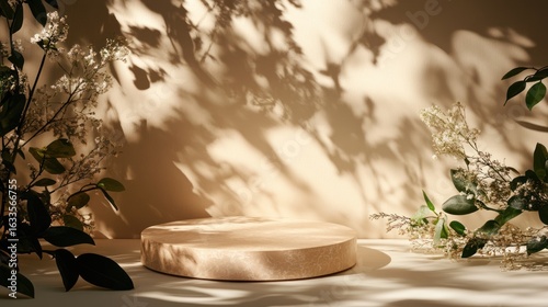 Beige round podium, surrounded by foliage and sun-dappled shadows on a light beige backdrop