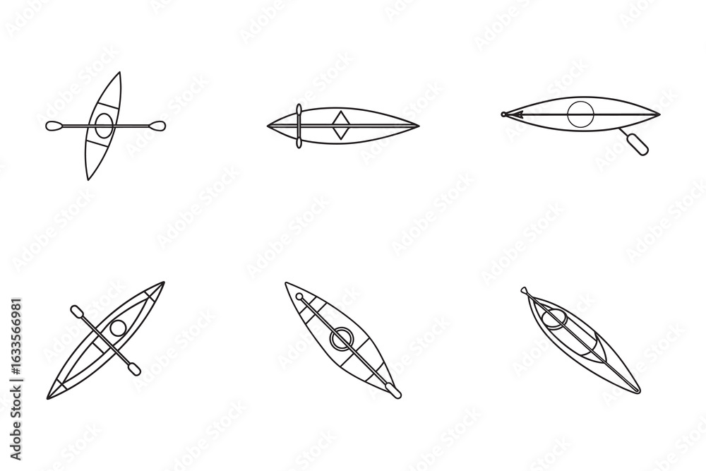 Fototapeta premium Outlined Kayak Illustrations and Canoes Showing the Top View for Water Sport Enthusiasts and Outdoor Adventure Planning