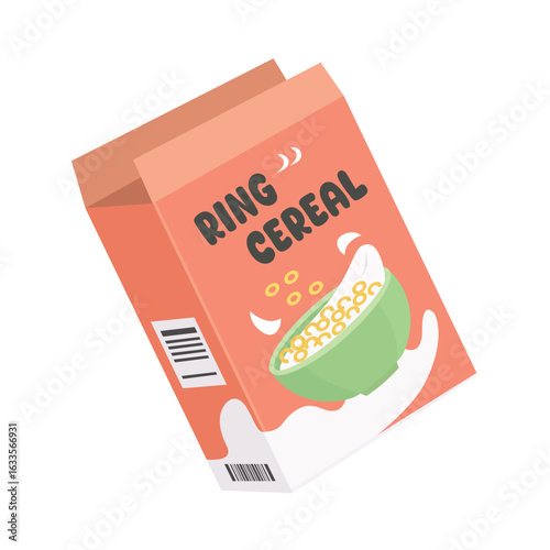 Ring cereal illustration. Vanilla cereal. Cereal box. Cereal cardboard. Cardboard mockup. Breakfast snack.
