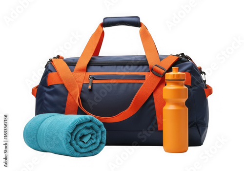 Blue and orange duffel bag with towel and water bottle isolated on transparent background
