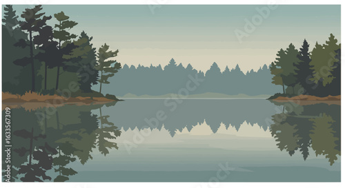 Lake scene Trees flank still water, reflecting the forest in faded color