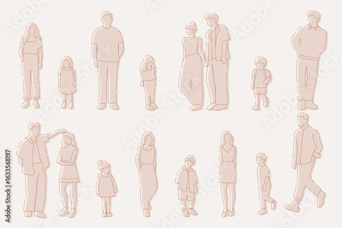 flat minimal people male and female vector illustration in spring summer clothing concept isolated set collection. Outline with silhouette shadow. For architecture, design, info graphic, media