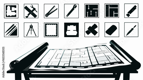 Illustration of architectural blueprint on drafting table with tools and floorplan icons above it displayed silhouette