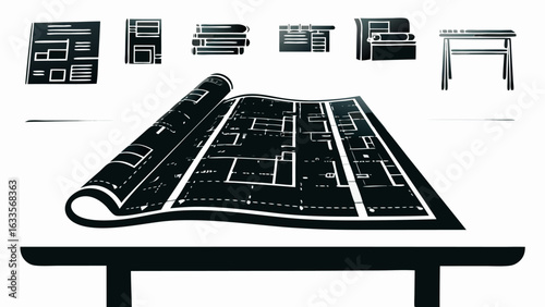 Blueprint on a table with furniture icons above showing interior design and architectural planning work silhouette