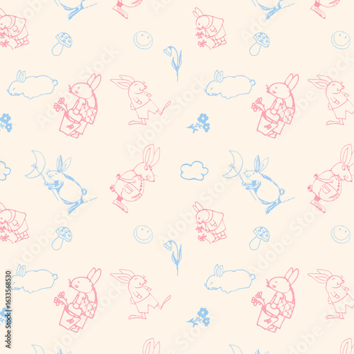 Pattern con graziosi coniglietti, fiori e nuvolette su sfondo crema, sfondo illustrazione per l'infanzia