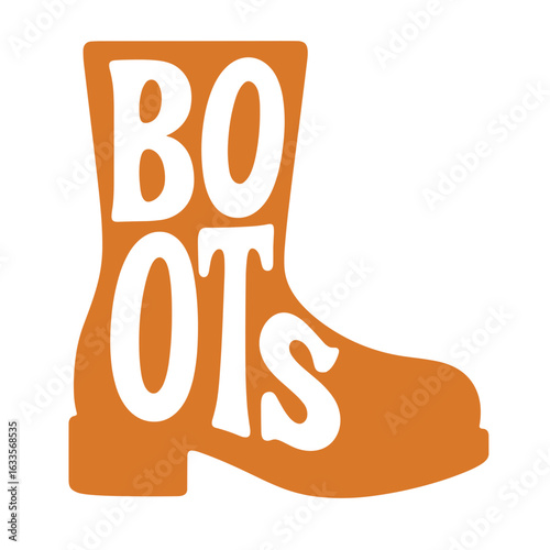 Orange rubber boot silhouette with bold lettering "BOOTS"  