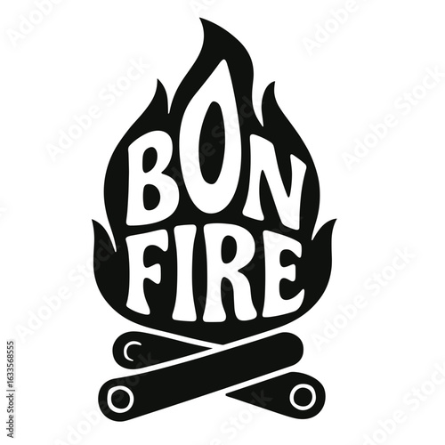 Bonfire graphic with flames and logs on white background  