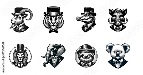 Set of Animals in Tuxedo and Top Hats, Vector Illustration