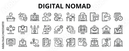 30 Digital Nomad Line Icons Vector - Virtual Meeting, Remote Work, Freelance, Ecommerce, Digital Networking, Coworking