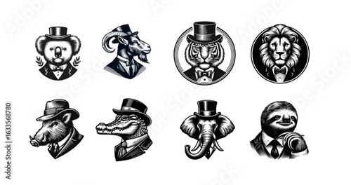 Animals in Suits: Retro-Style Engraved Portraits Set
