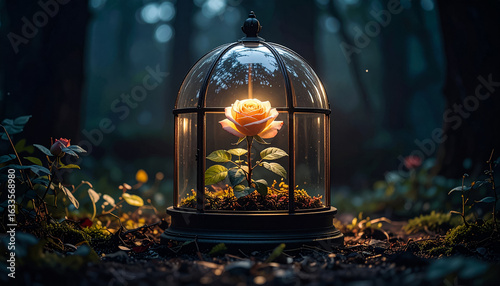 Fototapeta Naklejka Na Ścianę i Meble -  Glowing rose in glass dome beauty and beast